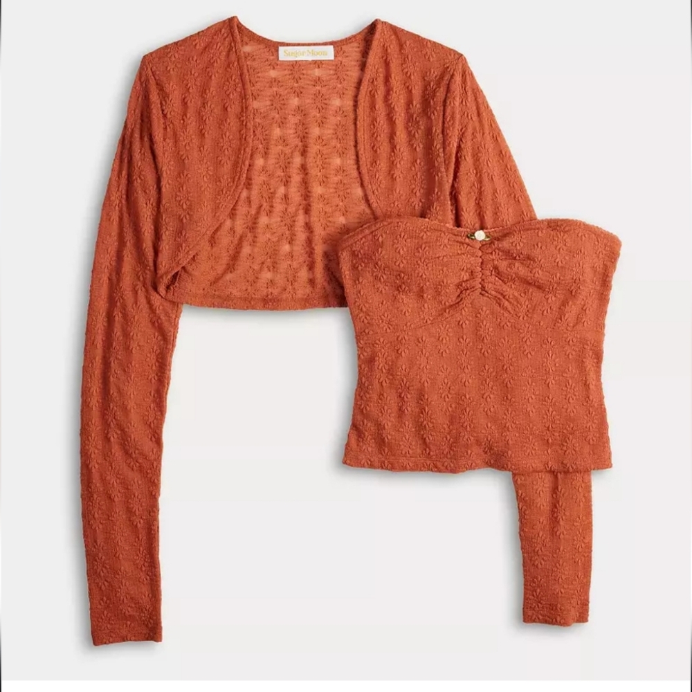 Sugar Moon Rust Orange Cropped Cardigan and Tube Top Set Size S